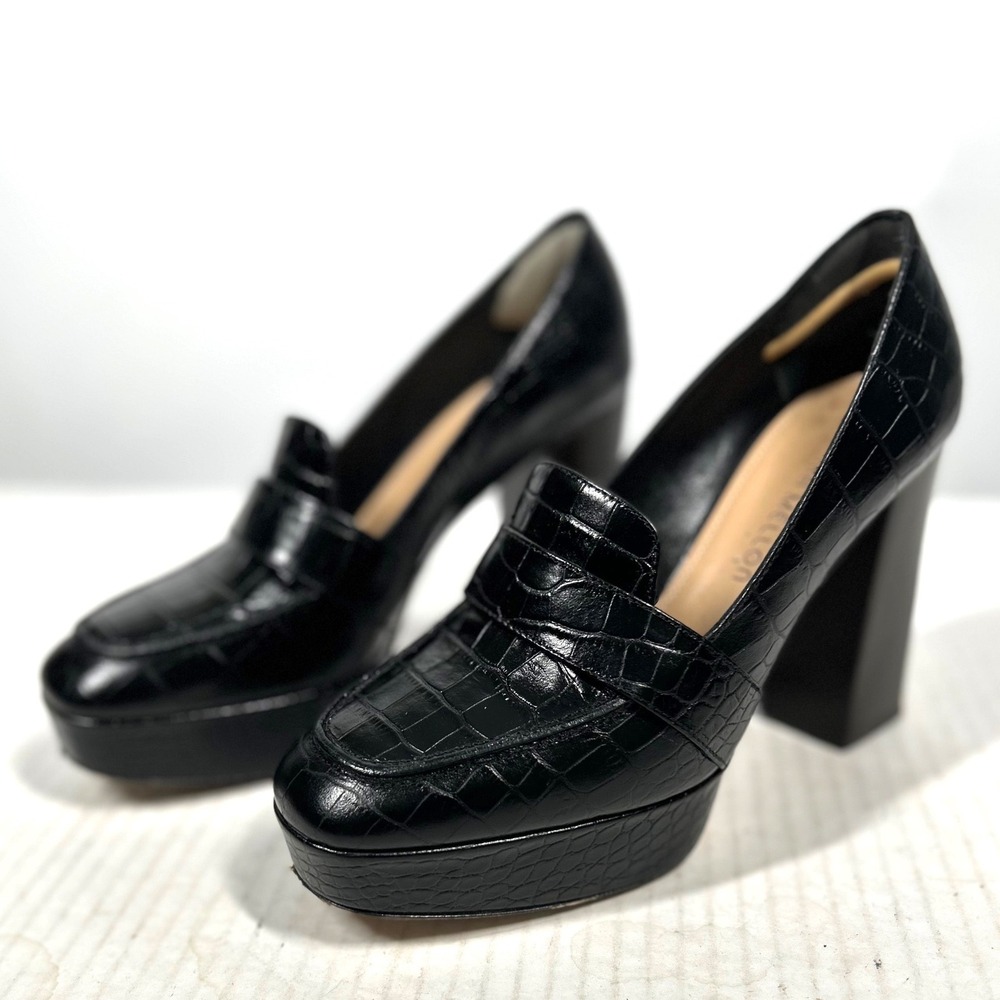 Tamara Mellon Loafer Pumps Womens 36.5 Black Croc Embossed Leather Platform Heel